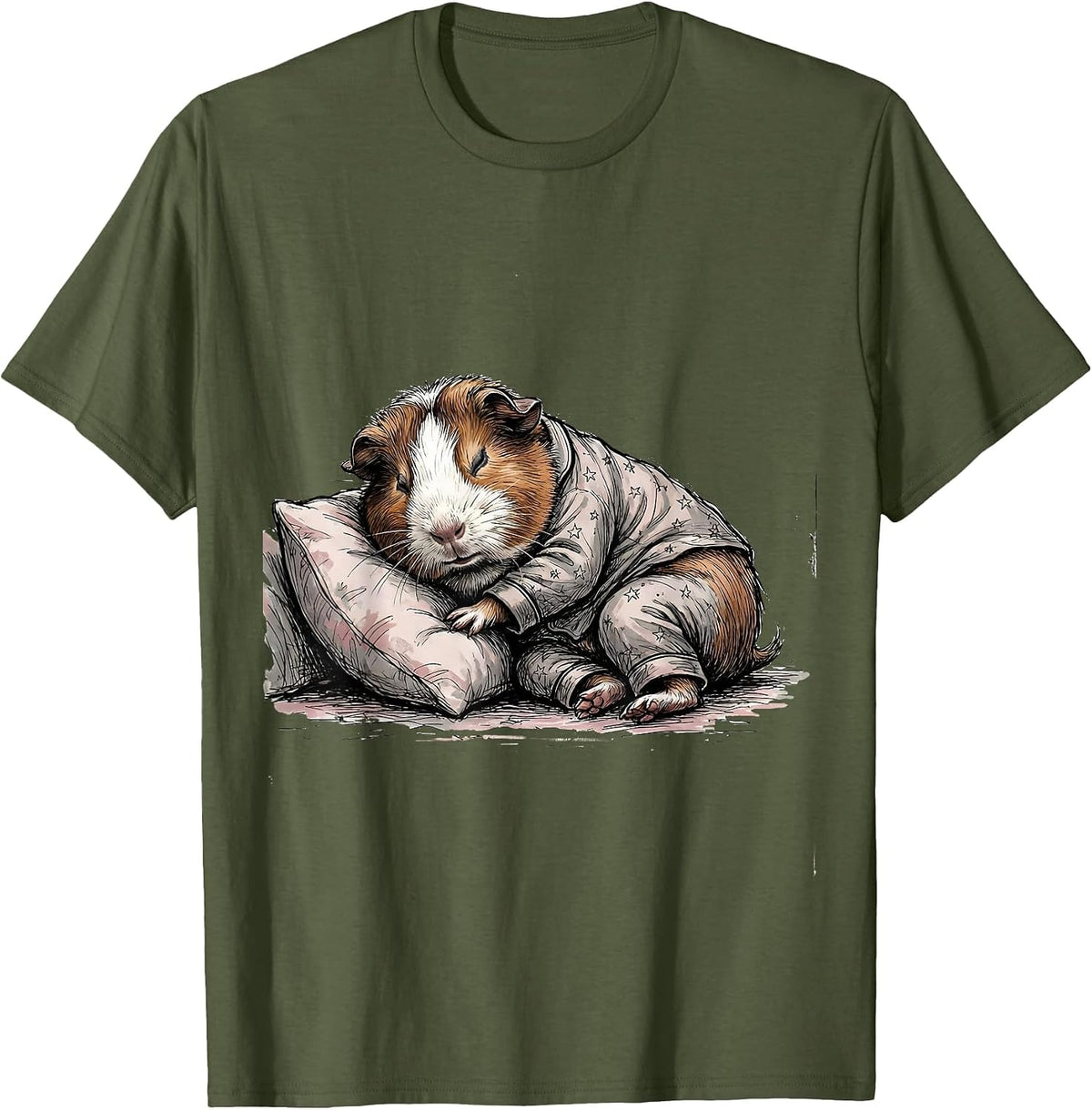 Sleepy Guinea Pig Hand-Sketched Pet Lover Pajama Portrait T-Shirt - Olive Green