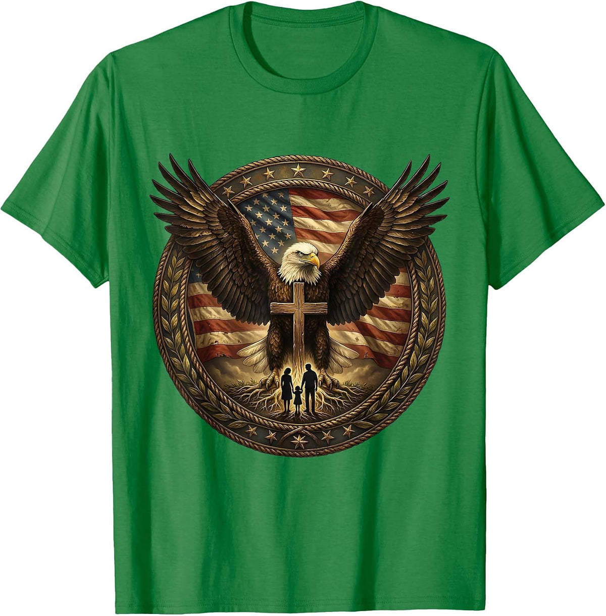Men's Eagle Sheltering Family God Family Country Design T-Shirt - Kelly Green
