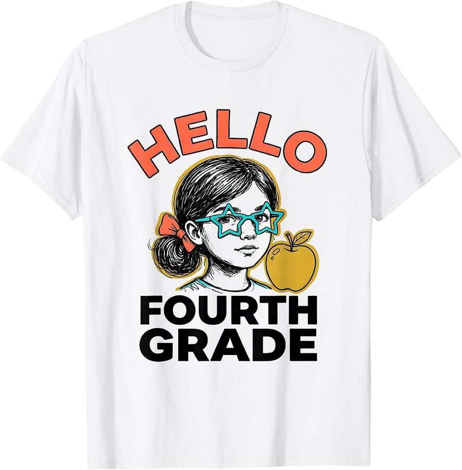 Men's Hello, Fourth Grade Cute Messy Bun Back To School Girl T-Shirt - White