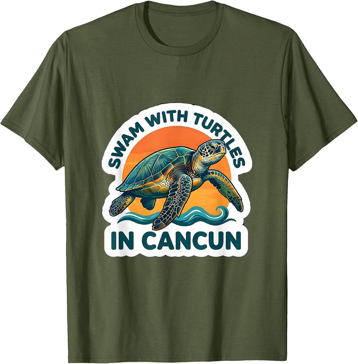 Men's Swam With Turtles In Cancun Sticker Style Tropical Souvenir T-Shirt - Olive Green