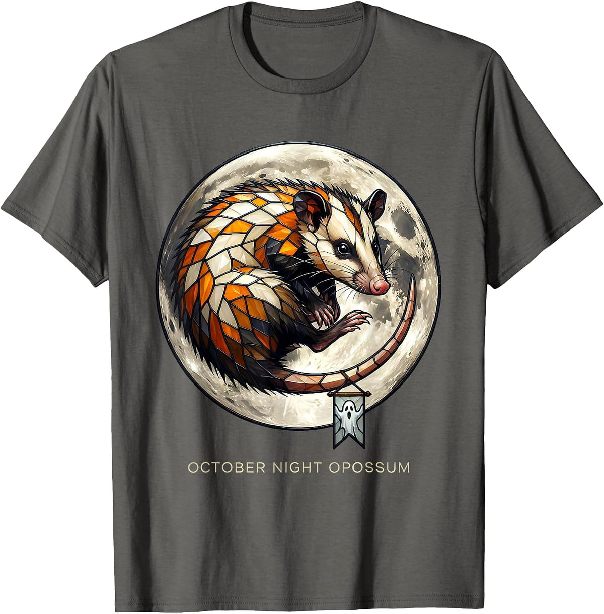 October Night Opossum Stained Glass Mosaic Spooky Halloween T-Shirt - Asphalt Grey