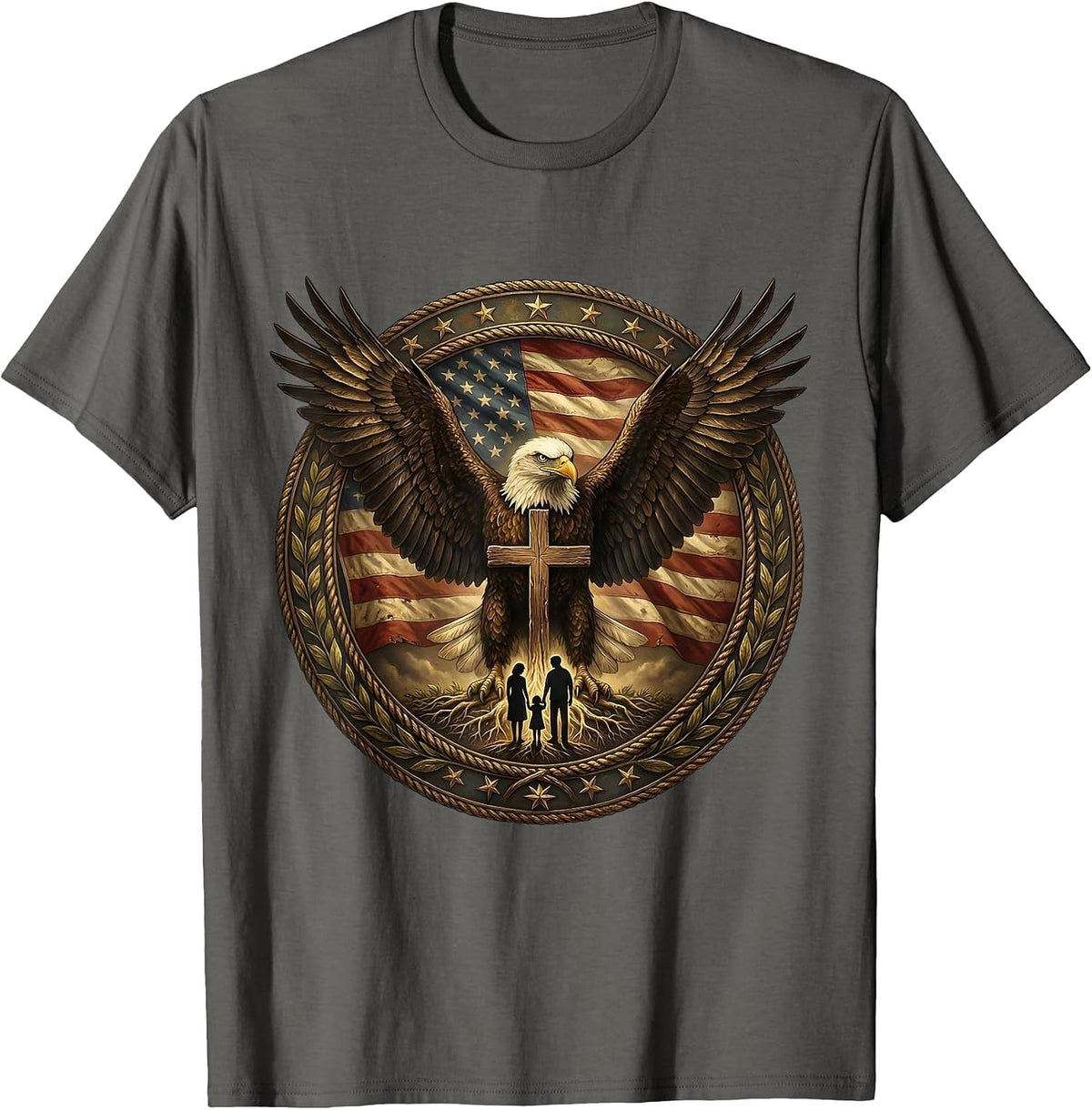 Men's Eagle Sheltering Family God Family Country Design T-Shirt - Asphalt Grey