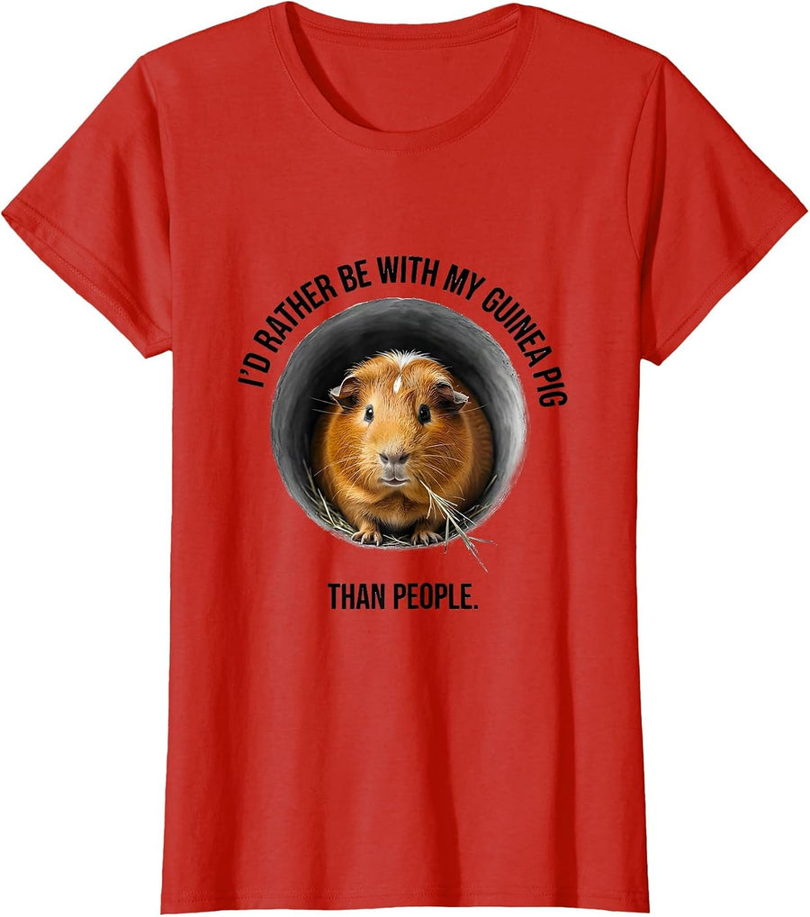 Women's I'd Rather Be With My Guinea Pig Than People Funny T-Shirt - Red