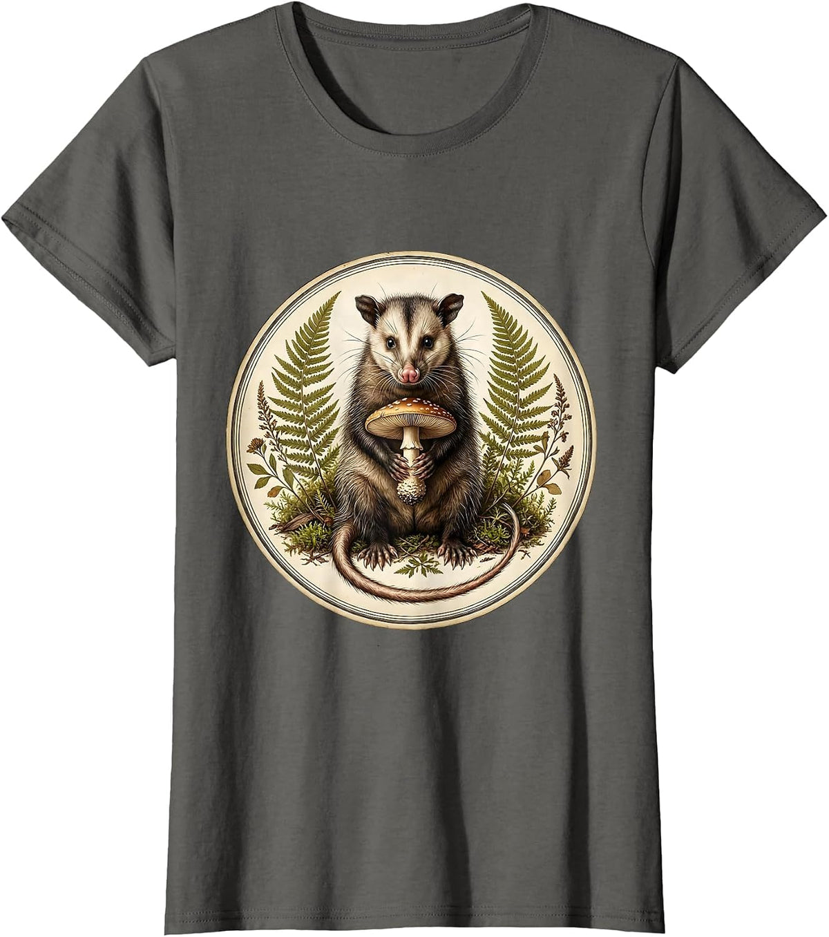 Women's Opossum Holding Mushroom Moonlit Forest Art T-Shirt - Asphalt Grey