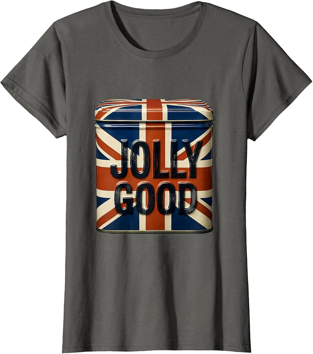 Women's Jolly Good Rubber Stamp Union Jack UK Souvenir Gift T-Shirt - Asphalt Grey