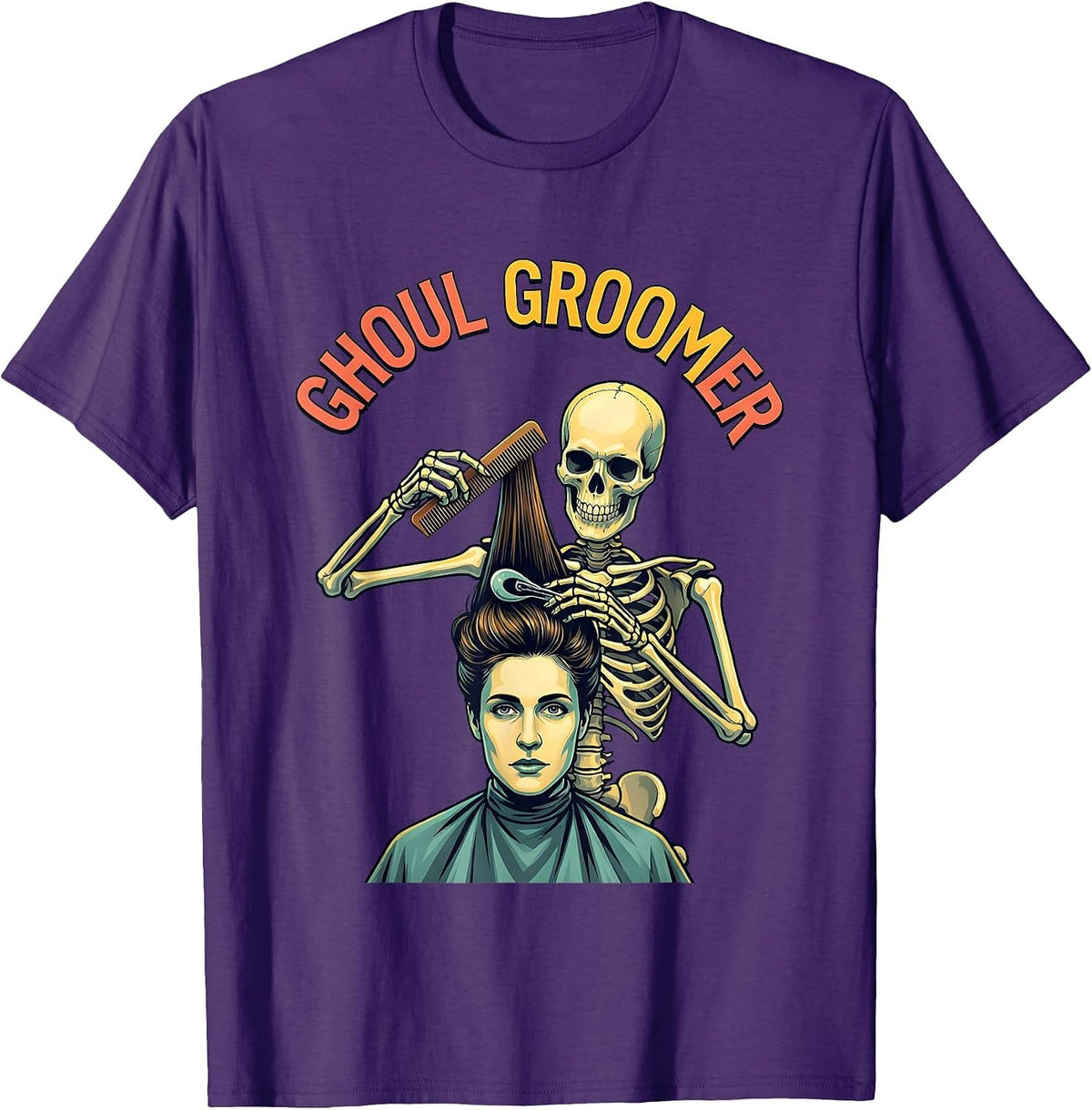 Men's Ghoul Groomer Funny Skeleton Hairstylist Halloween Barber T-Shirt - Purple