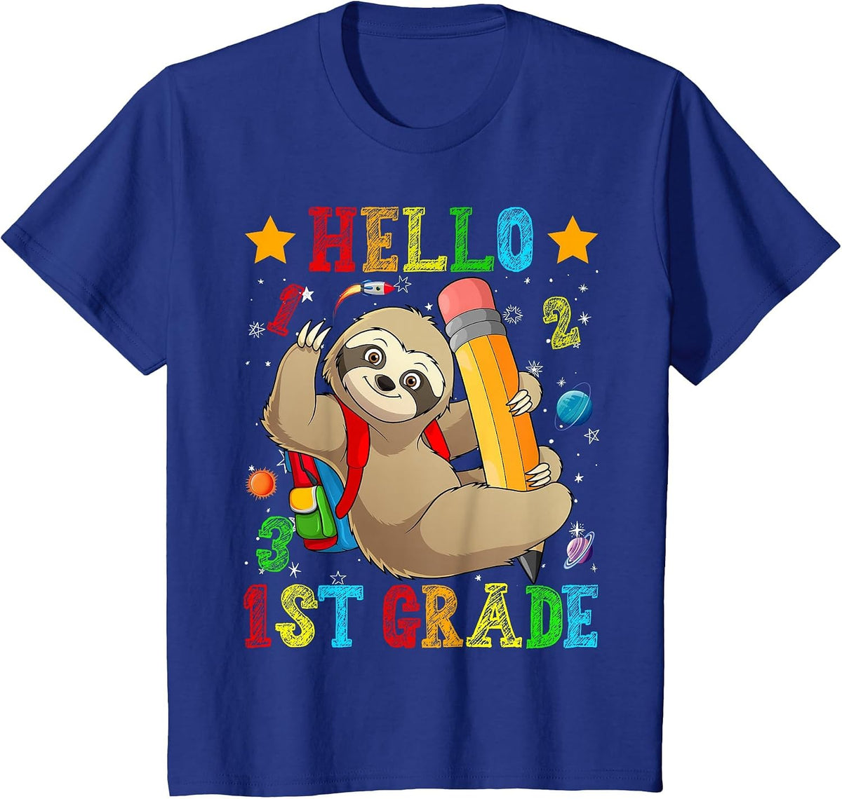 Cute Hello 1st Grade Sloth Animal Back to School Kids Girls T-Shirt - Royal Blue