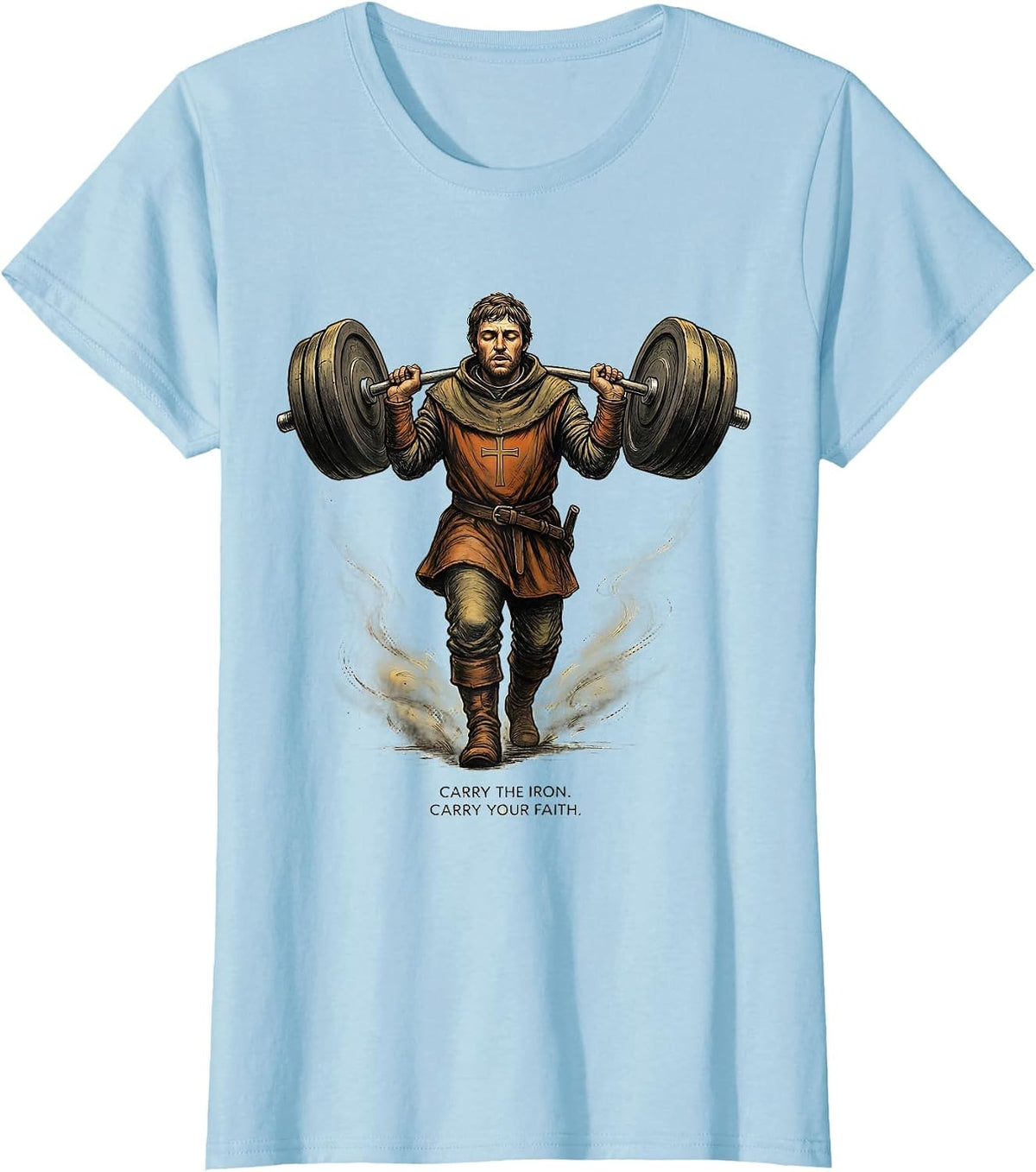 Women's Carry the Iron Carry Your Faith Medieval Christian Gym T-Shirt - Baby Blue