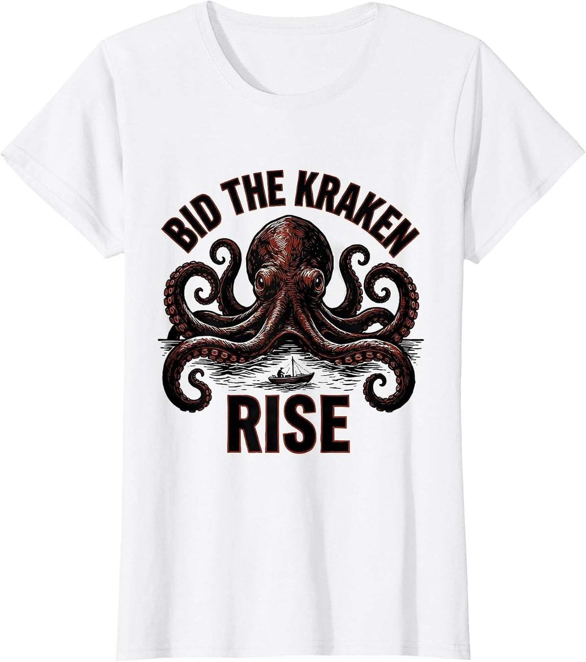 Bid The Kraken Rise Linocut Vintage Sea Monster Octopus T-Shirt - White