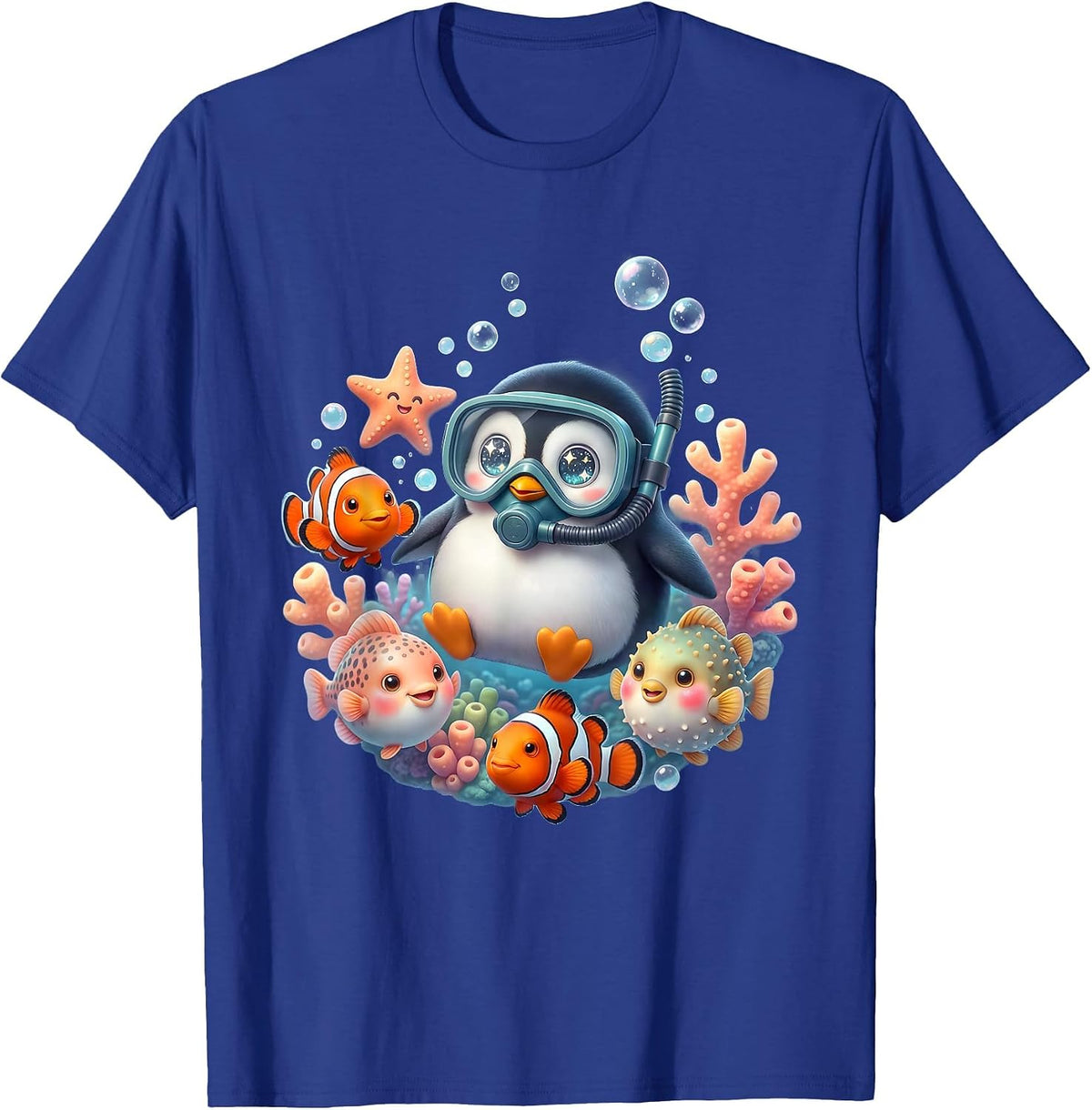 Penguin Scuba Diver Tropical Fish Ocean Design T-Shirt - Royal Blue