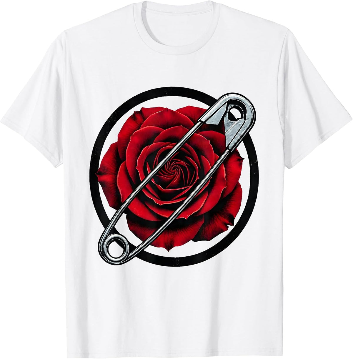 Men's Punk Rock Safety Pin Rose Graphic Tee T-Shirt - White