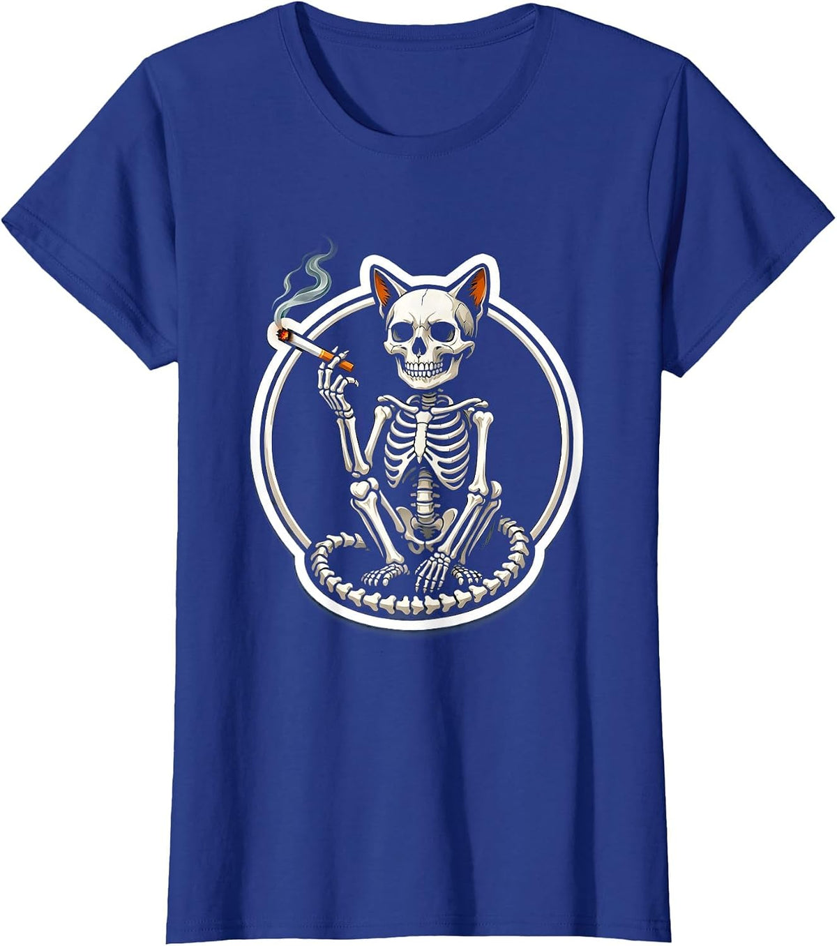 Women's Skeletal Cat Smoking Cigarette Dark Art Graphic T-Shirt - Royal Blue