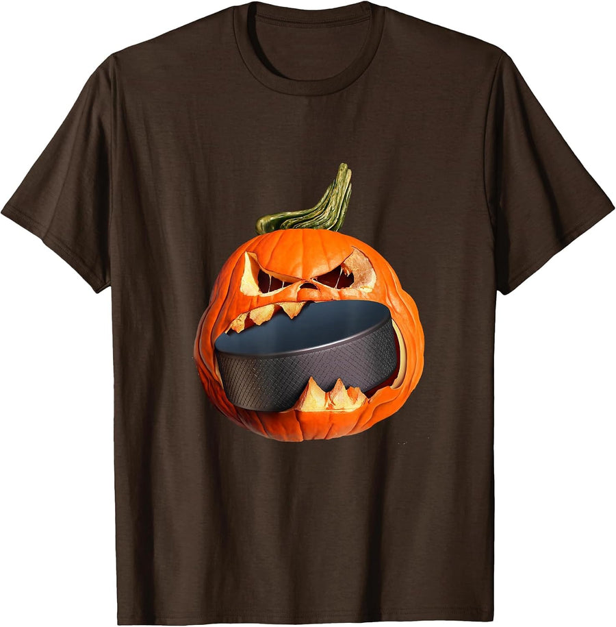 Halloween Hockey Pumpkin Eating a Puck T-Shirt - Brown