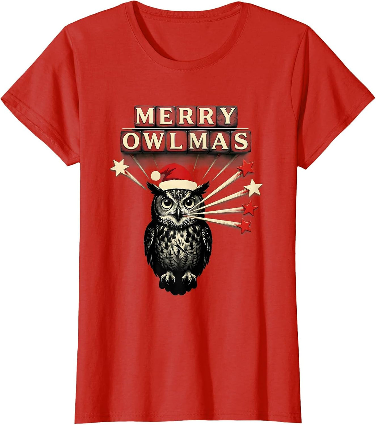 Women's Merry Owlmas! Owl Lover Santa Hat Christmas Lights Novelty T-Shirt - Red