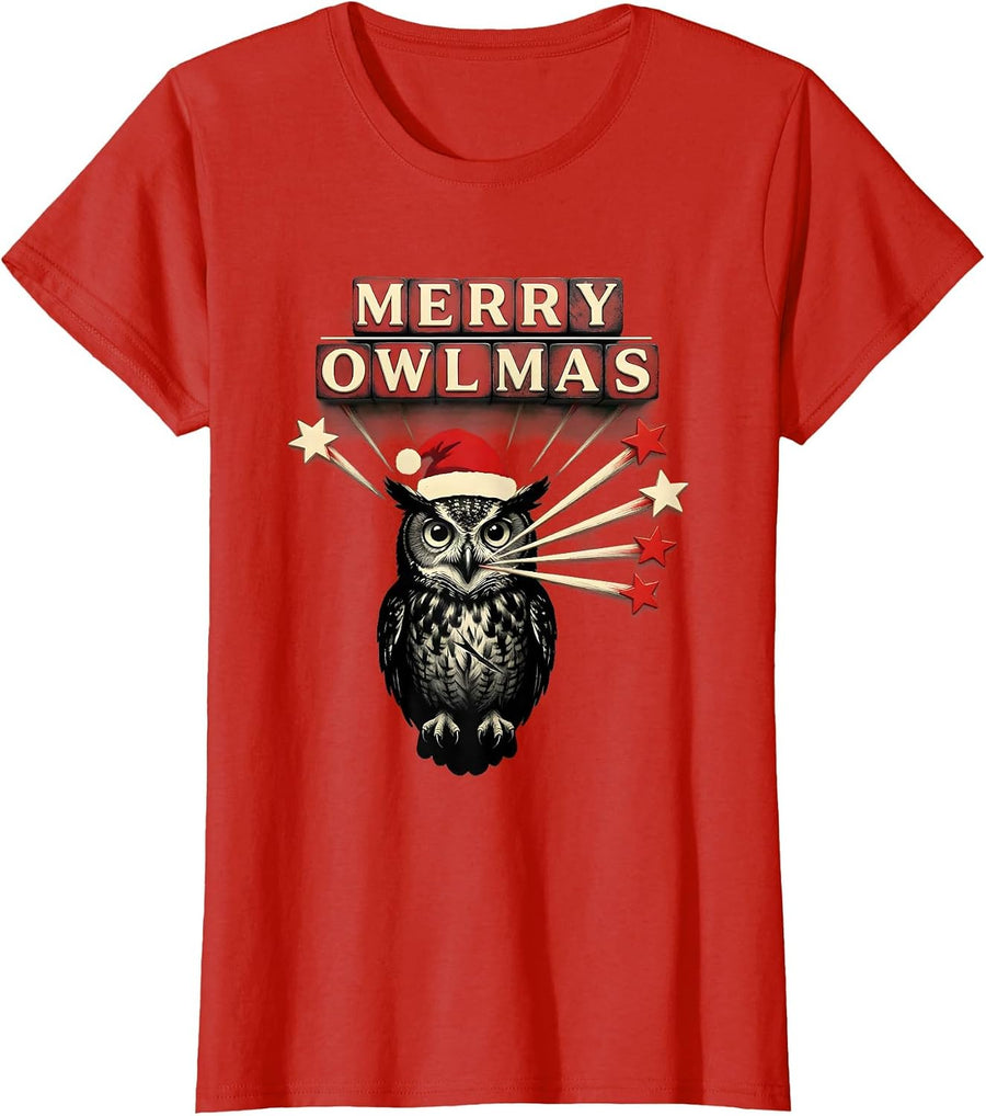 Women's Merry Owlmas! Owl Lover Santa Hat Christmas Lights Novelty T-Shirt - Red