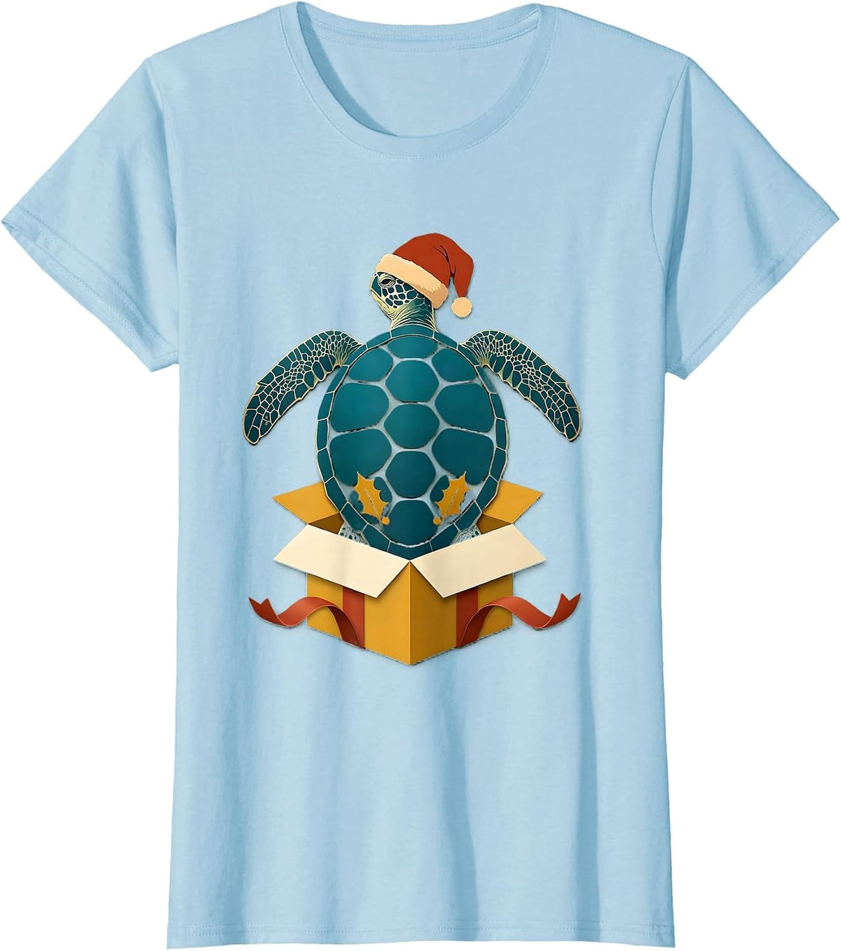 Women's Sea Turtle Santa Hat Paper Cutout Christmas Novelty T-Shirt - Baby Blue