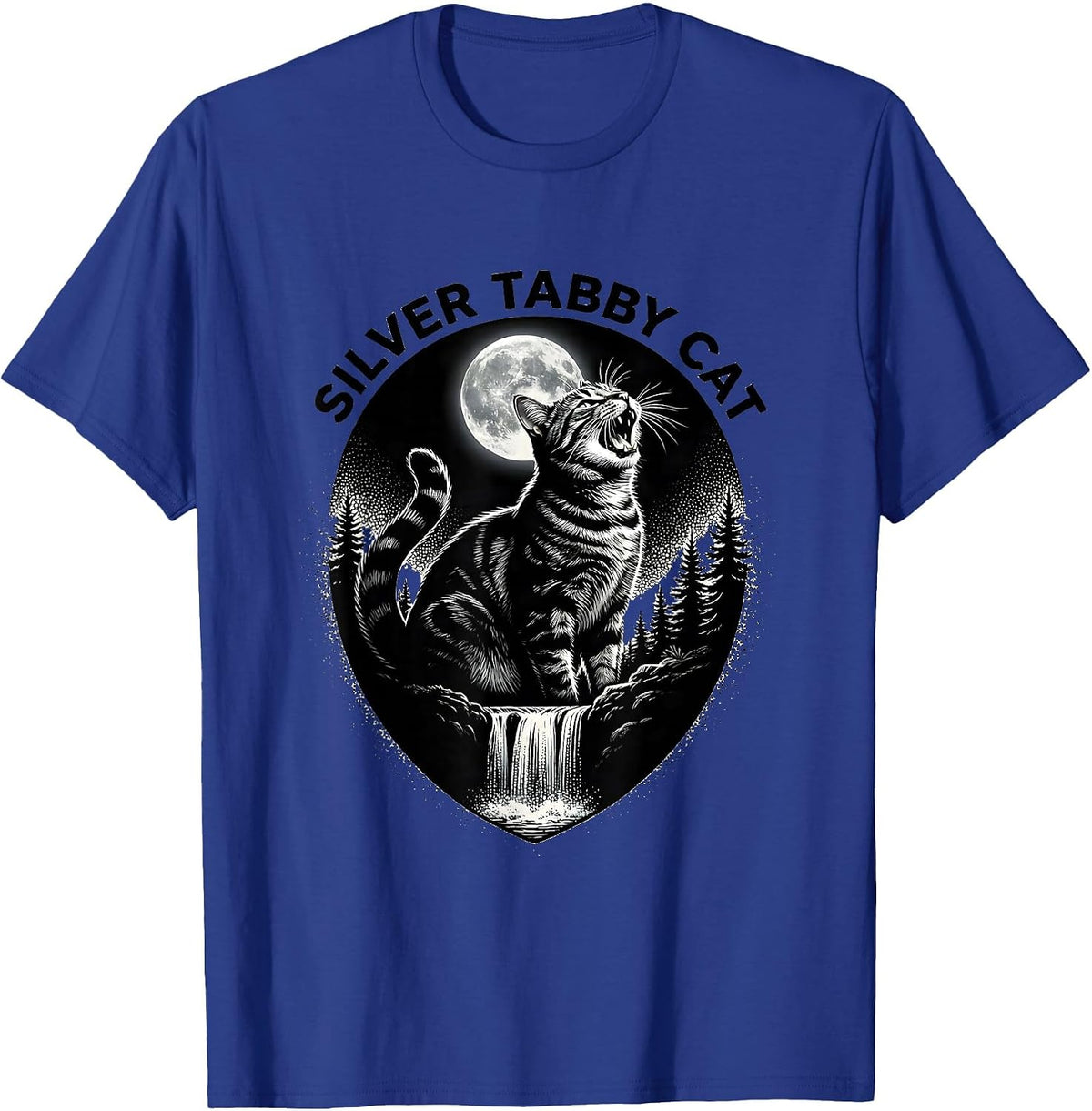 Men's Silver Tabby Cat Howling at Moon 90's Retro T-Shirt - Royal Blue