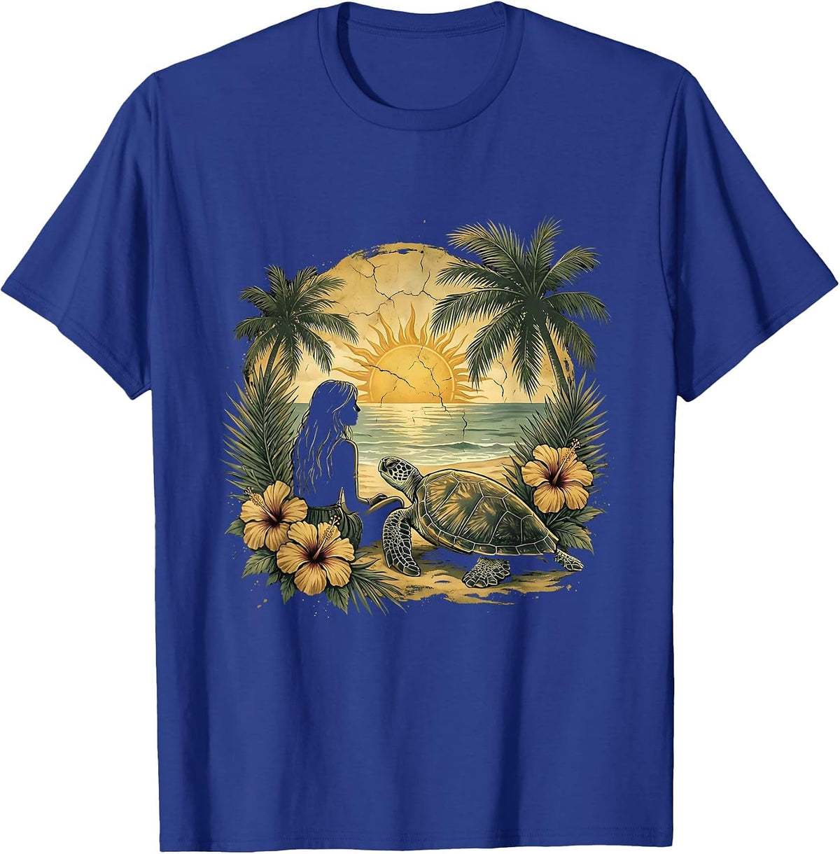 Men's Girl On Beach With Sea Turtle Hawaiian Design T-Shirt - Royal Blue
