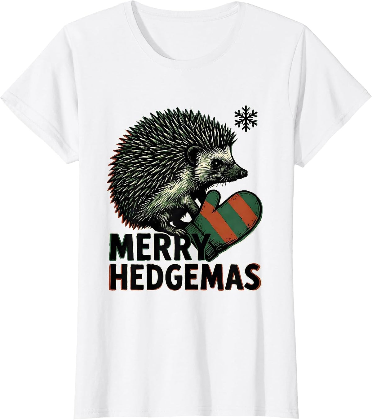 Women's Merry Hedgemas Linocut Hedgehog Christmas Novelty Gift T-Shirt - White