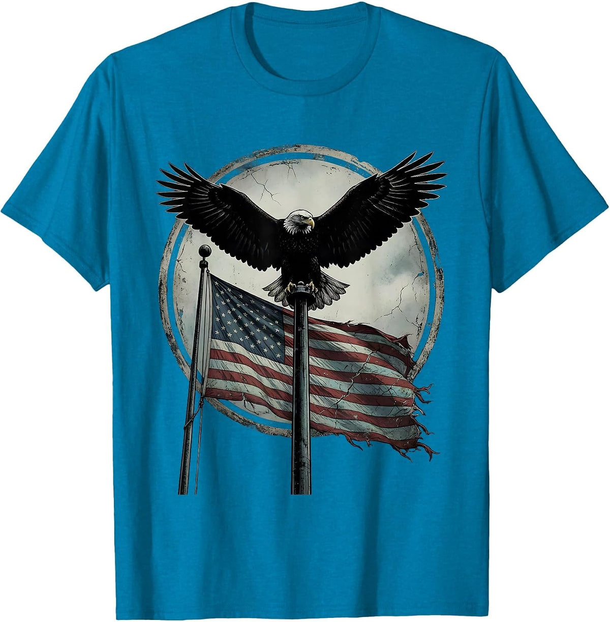 Eagle Atop Flagpole Patriotic Graphic Design T-Shirt - Sapphire Blue