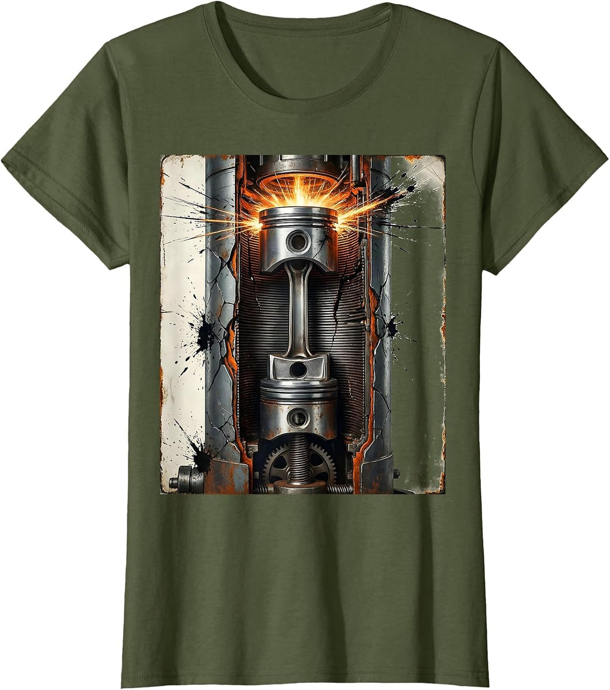 Women's Engine Piston Cylinder Cutaway Mechanic Graphic T-Shirt - Olive Green