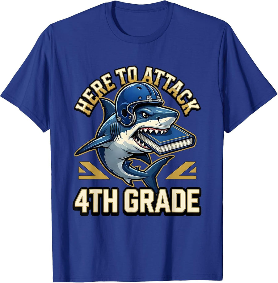 Here To Attack 4th Grade Shark First Day Of School Boys T-Shirt - Royal Blue