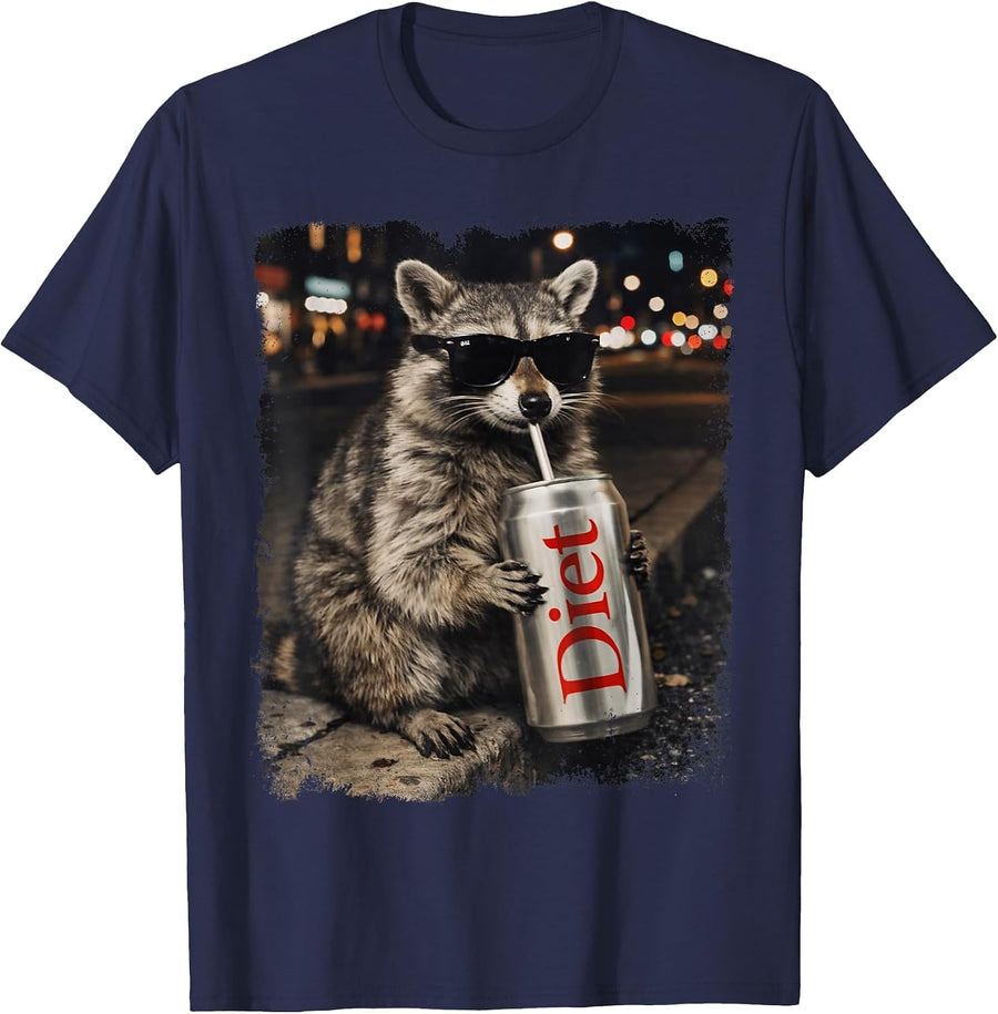 Funny Raccoon Drinking Diet Soda Funny Animal Meme Raccoon T-Shirt - Navy Blue