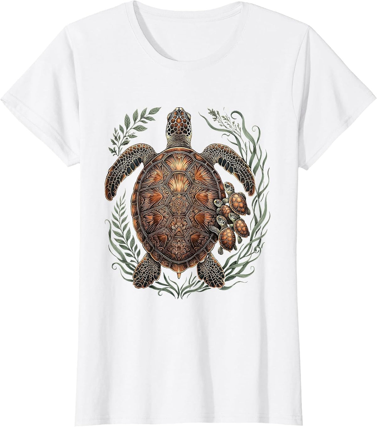 Mother Sea Turtle and Hatchlings Beach Illustration T-Shirt - White