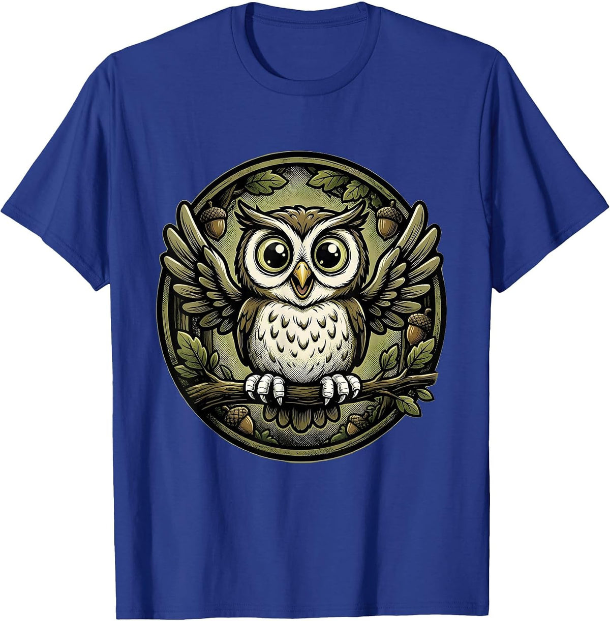 Men's Youth Camo Owl Perched on Branch Forest Art T-Shirt - Royal Blue
