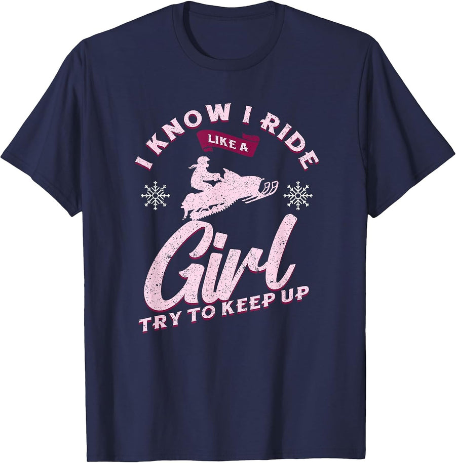 Snowmobile Ride Like A Girl Women's Winter Sports Motor Sled T-Shirt - Navy Blue