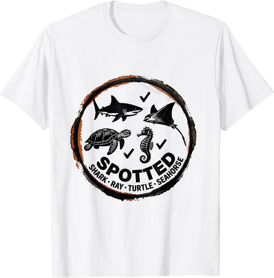 Men's Spotted: Shark, Ray, Turtle, Seahorse Vintage Rubber Stamp T-Shirt - White