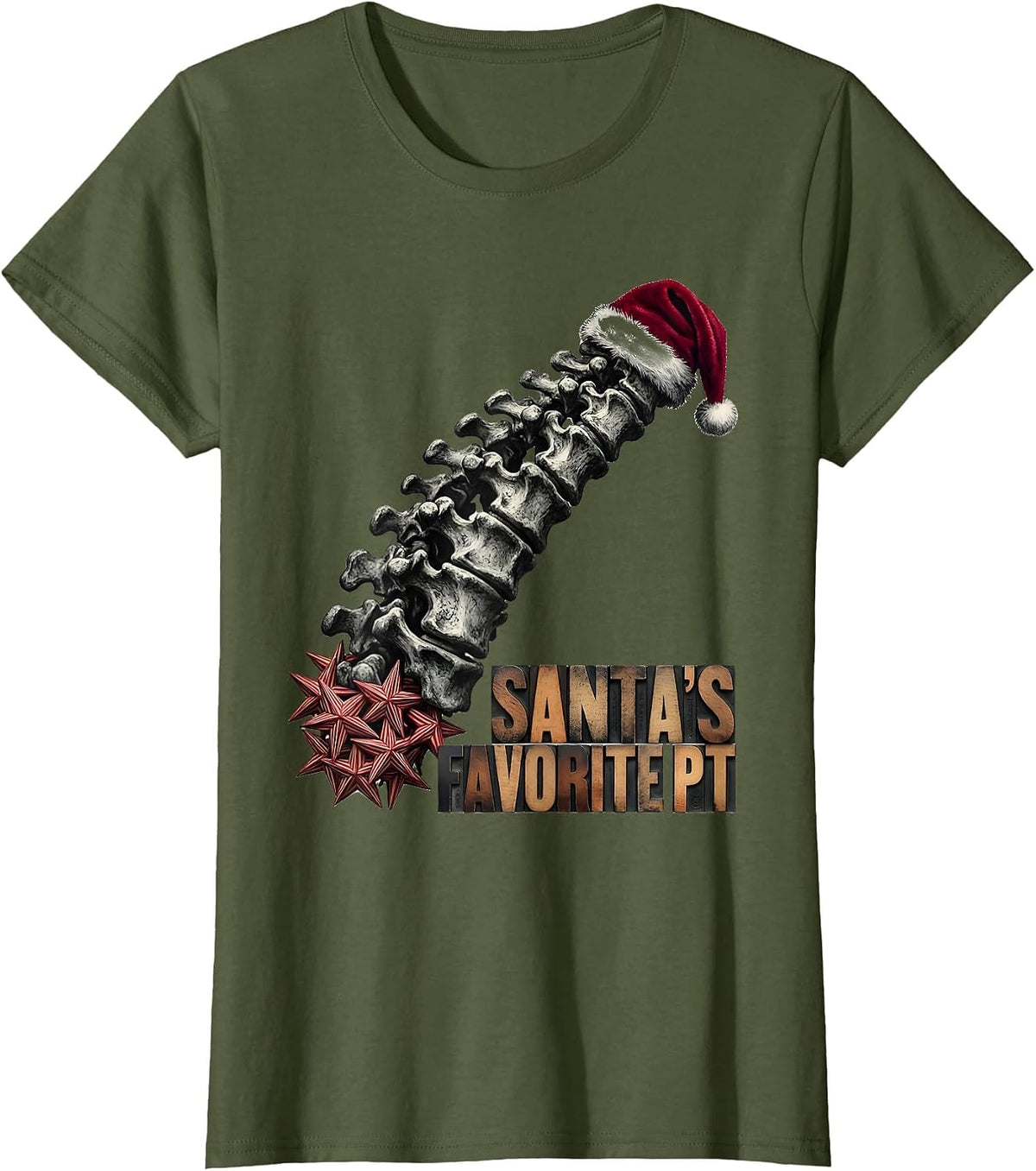 Women's Santa's Favorite PT Funny Physical Therapist Christmas Rehab T-Shirt - Olive Green