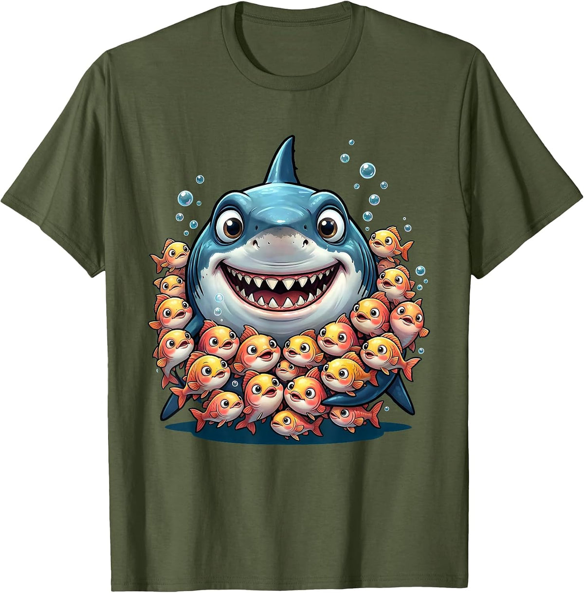 Men's Mommy Shark Ocean Mom Surrounded by Baby Fish T-Shirt - Olive Green