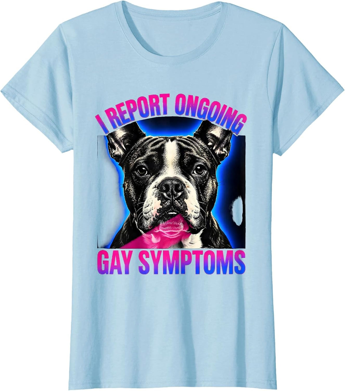 Women's I Report Ongoing Gay Symptoms Funny Bull Terrier Meme T-Shirt - Baby Blue