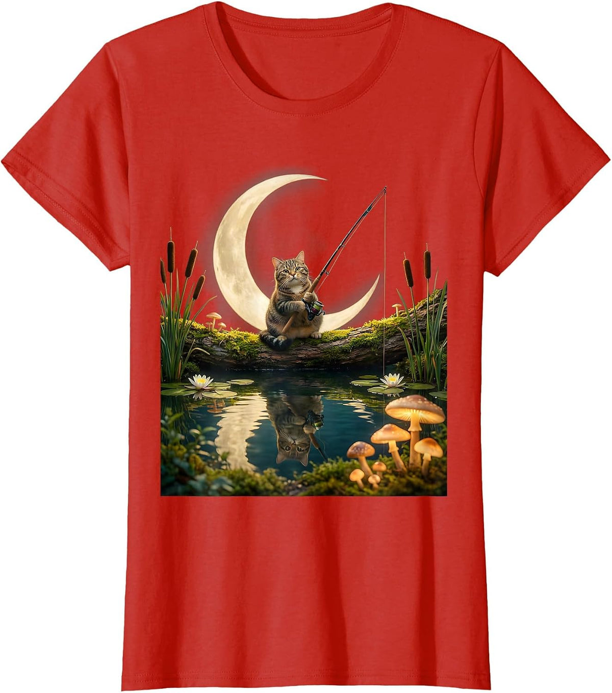 Tabby Cat Fishing at Moonlit Pond T-Shirt - Red