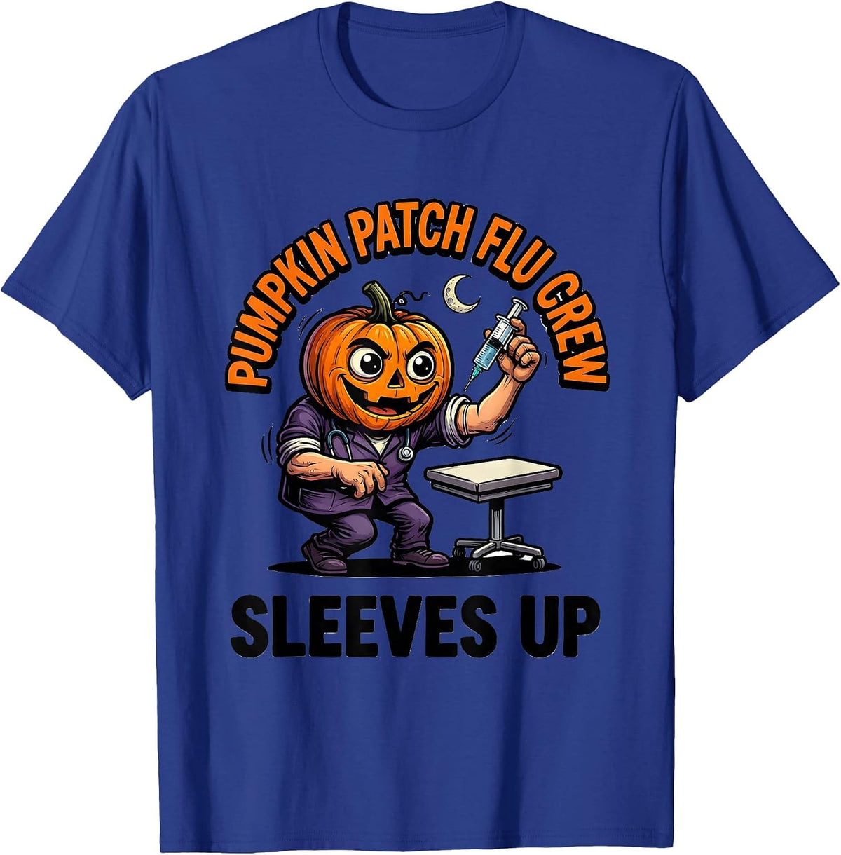 Pumpkin Patch Flu Crew Sleeves Up Funny Nurse Ghost T-Shirt - Royal Blue