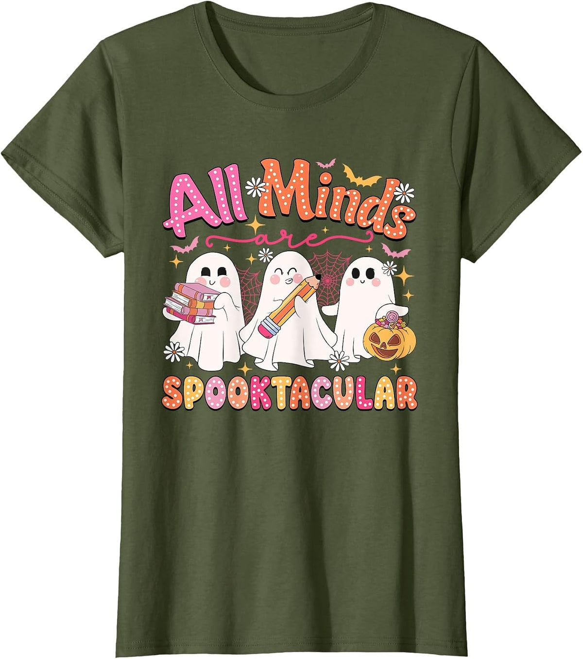 All Minds are Spooktacular Halloween School Psychologist T-Shirt - Olive Green