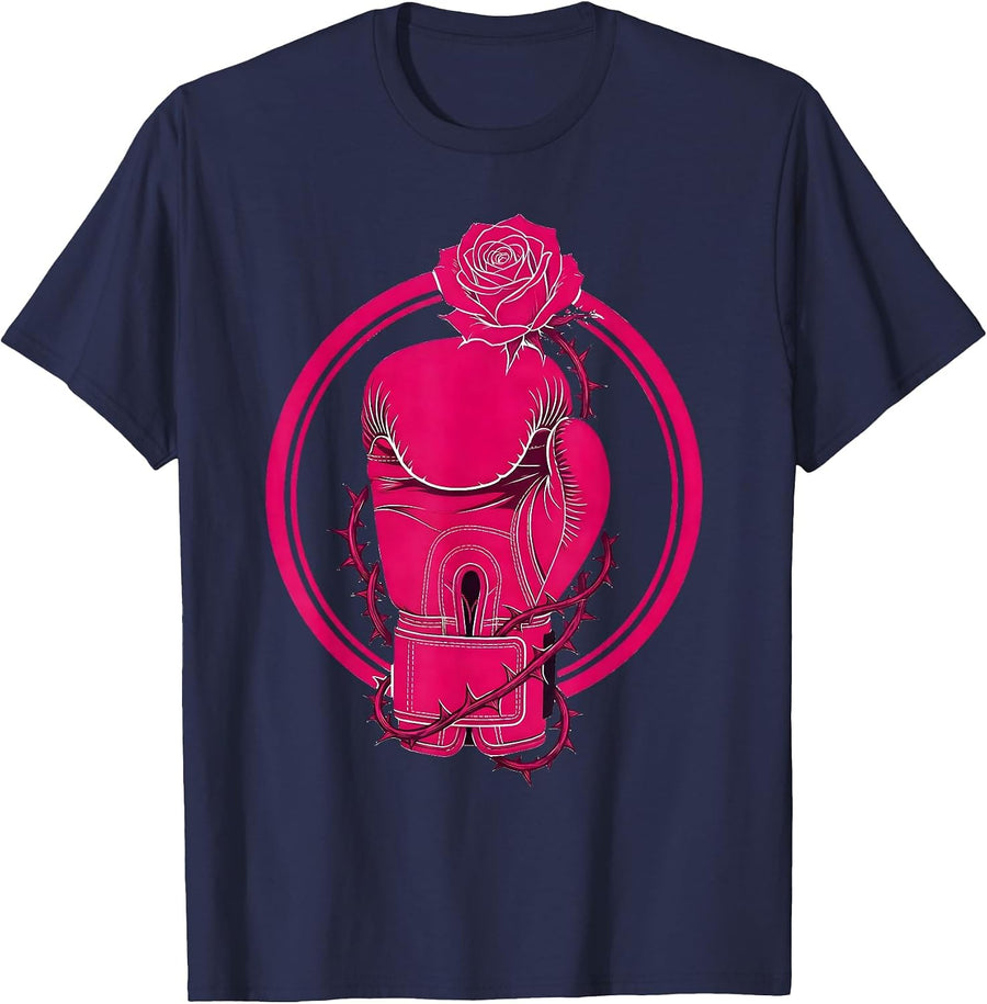 Rose and Boxing Glove Breast Cancer Awareness T-Shirt - Navy Blue