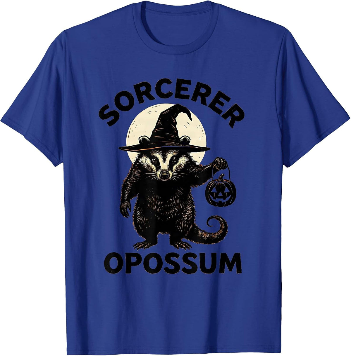 Sorcerer Opossum Linocut Vintage Gothic Halloween Spooky T-Shirt - Royal Blue