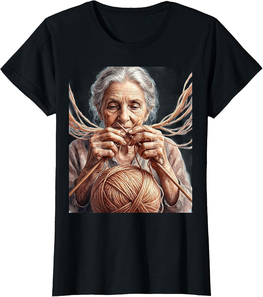 Women's Grandma Knitting Illustration Graphic Design T-Shirt - Black
