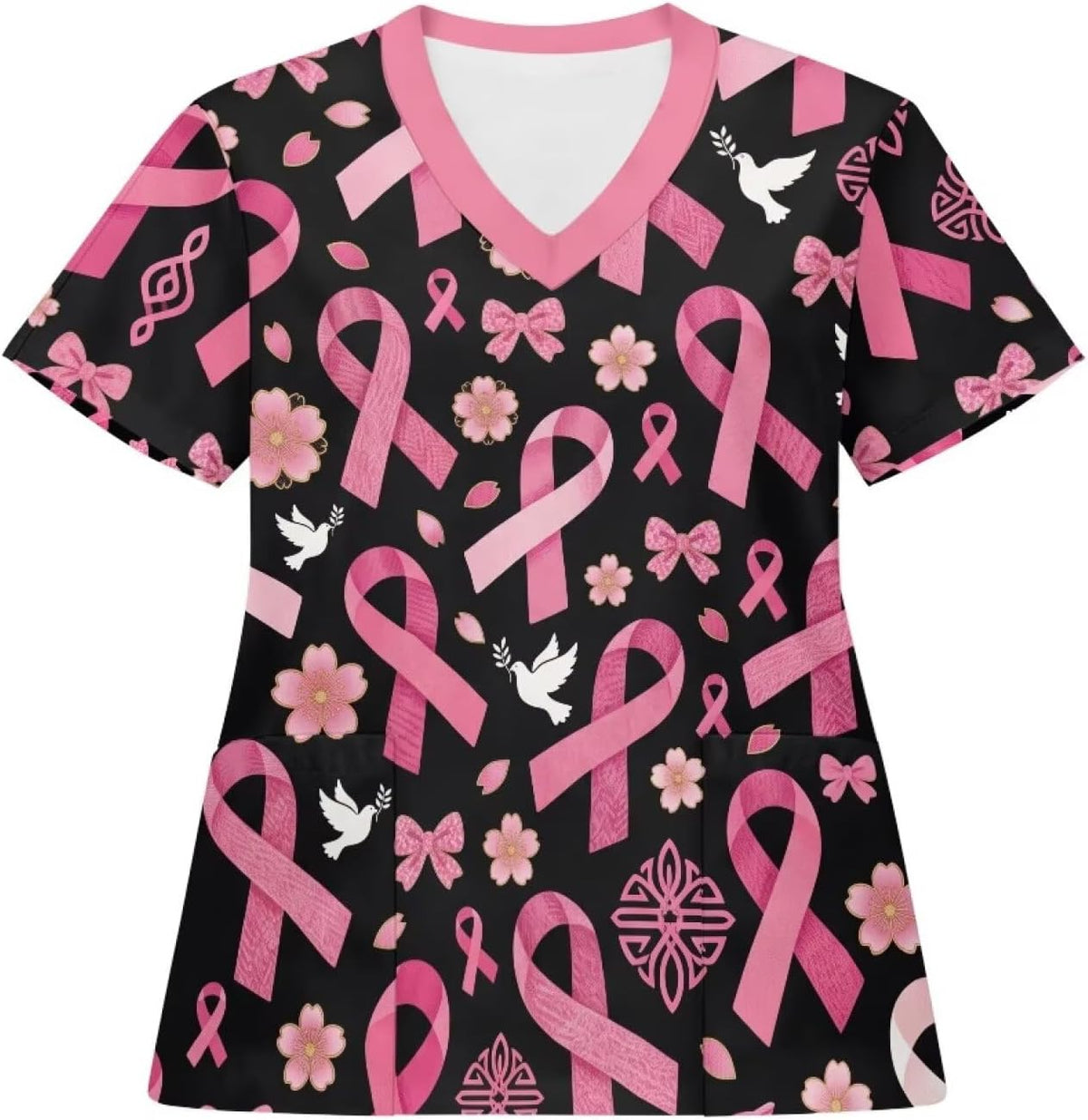 Uourmeti Scrub Tops for Women Soft 4-Way Stretch V-Neck Medical Scrubs - Ribbon Dove Bow