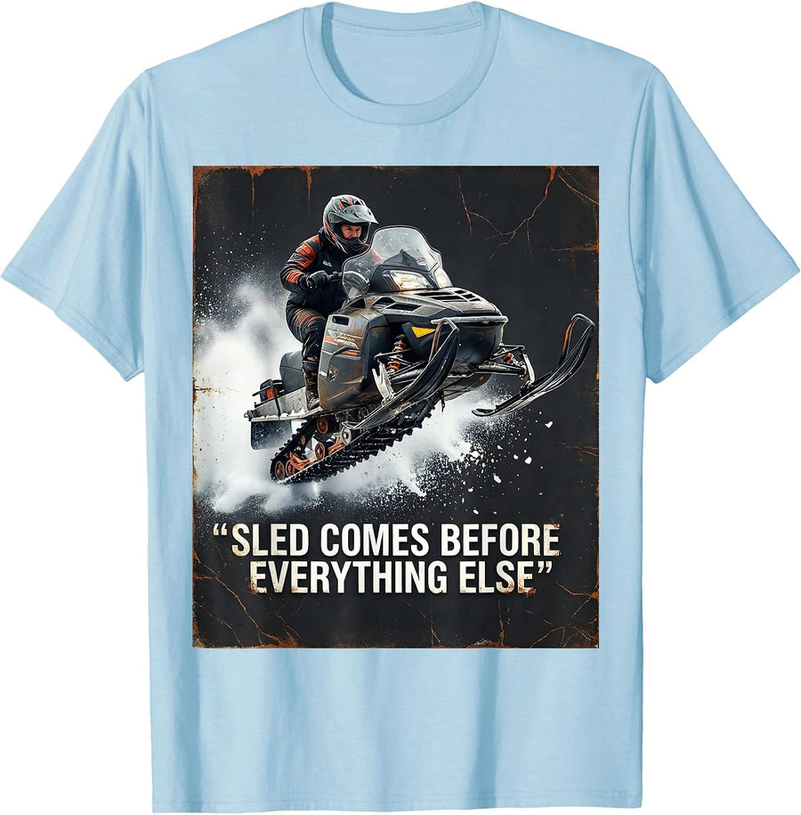 Men's Sled Comes Before Everything Else Distressed Snowmobile T-Shirt - Baby Blue