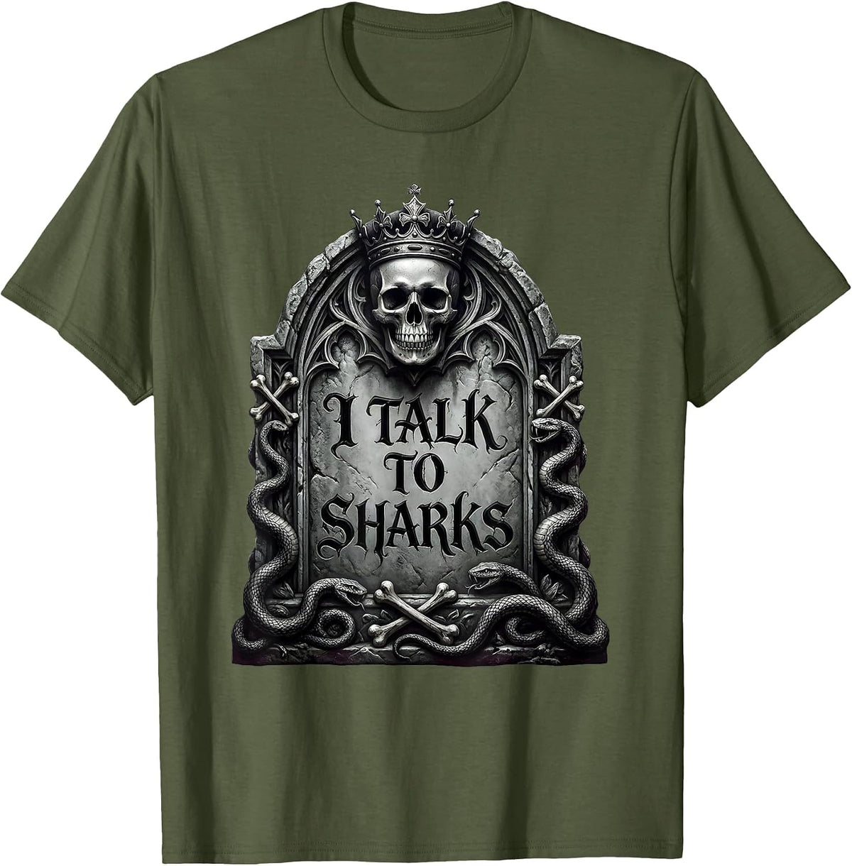 I Talk To Sharks Pirate Graphic Design T-Shirt - Olive Green
