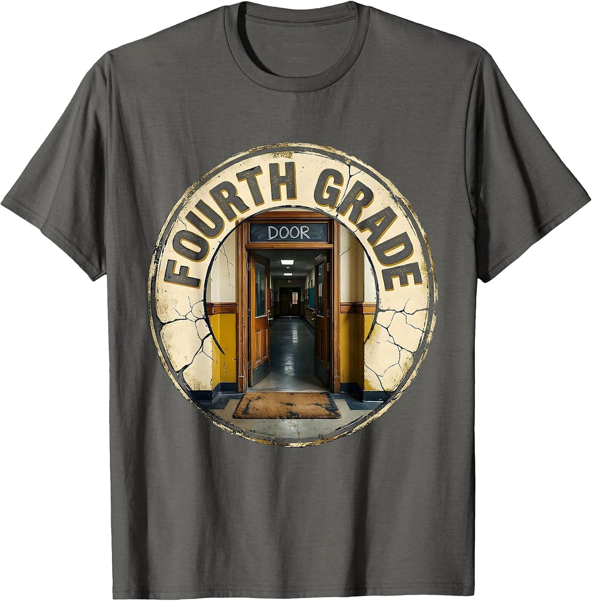 Men's Fourth Grade Door Distressed Retro Teacher Back To School T-Shirt - Asphalt Grey