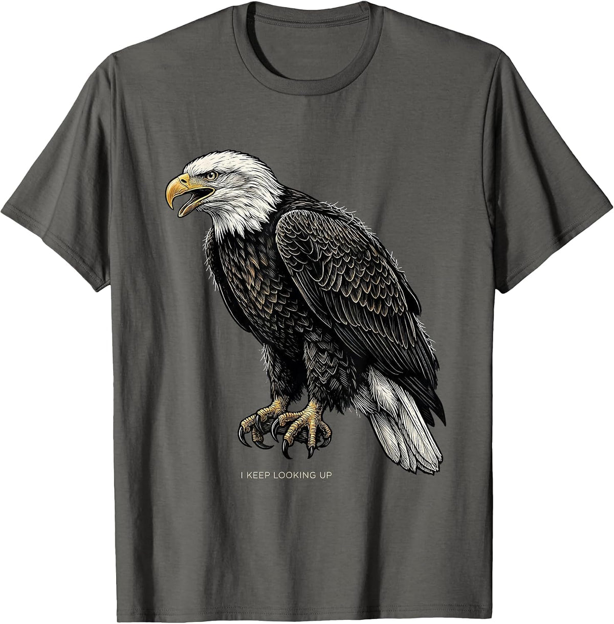 Men's I Keep Looking Up Woodcut Engraving Patriotic Eagle Bird T-Shirt - Asphalt Grey