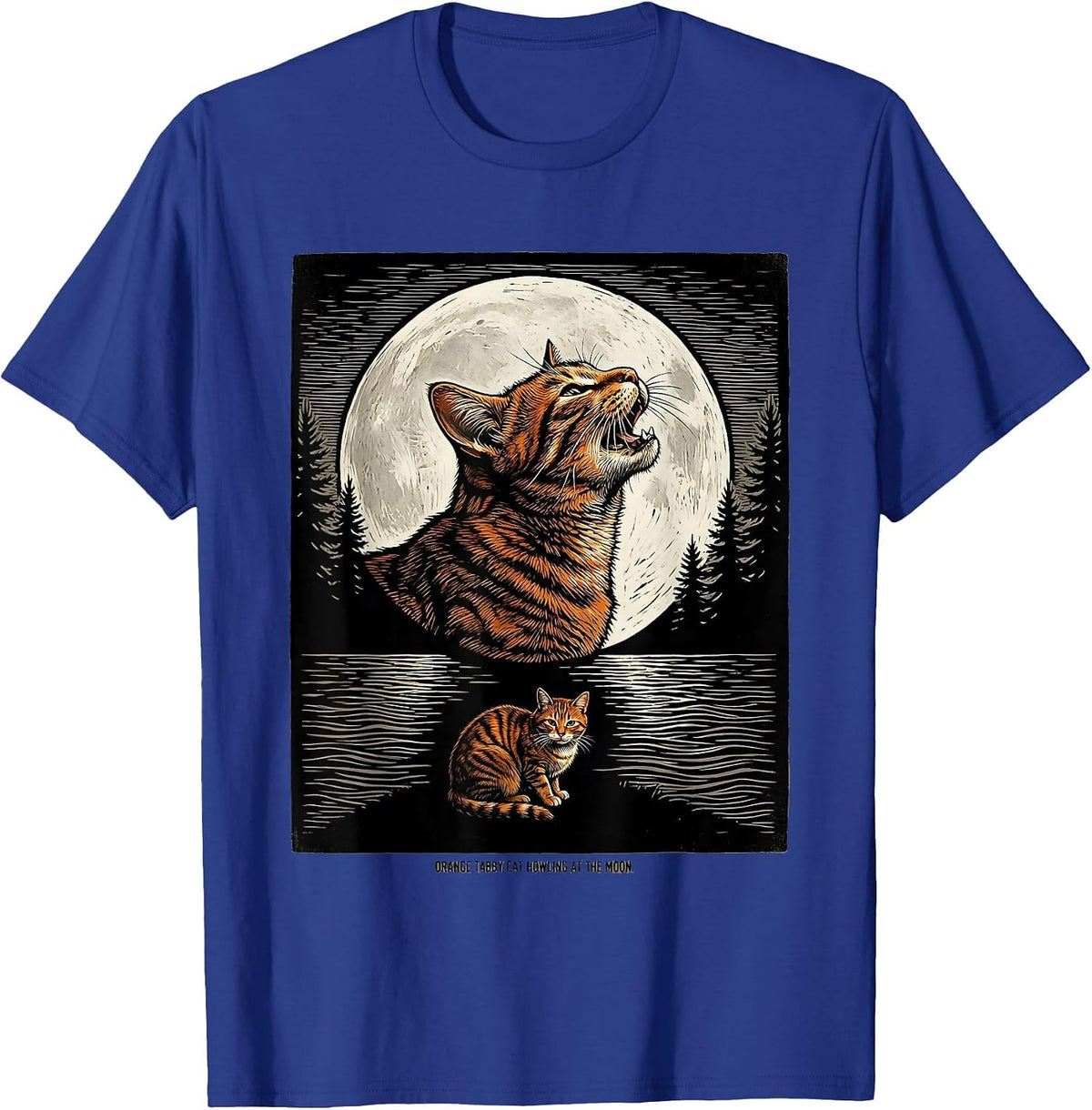 Men's Orange Tabby Cat Howling at the Moon 90's Retro Nature Art T-Shirt - Royal Blue
