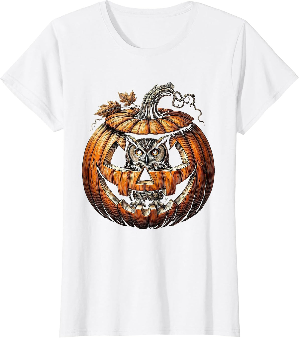 Women's Owl in Carved Pumpkin Lantern Halloween Design T-Shirt - White