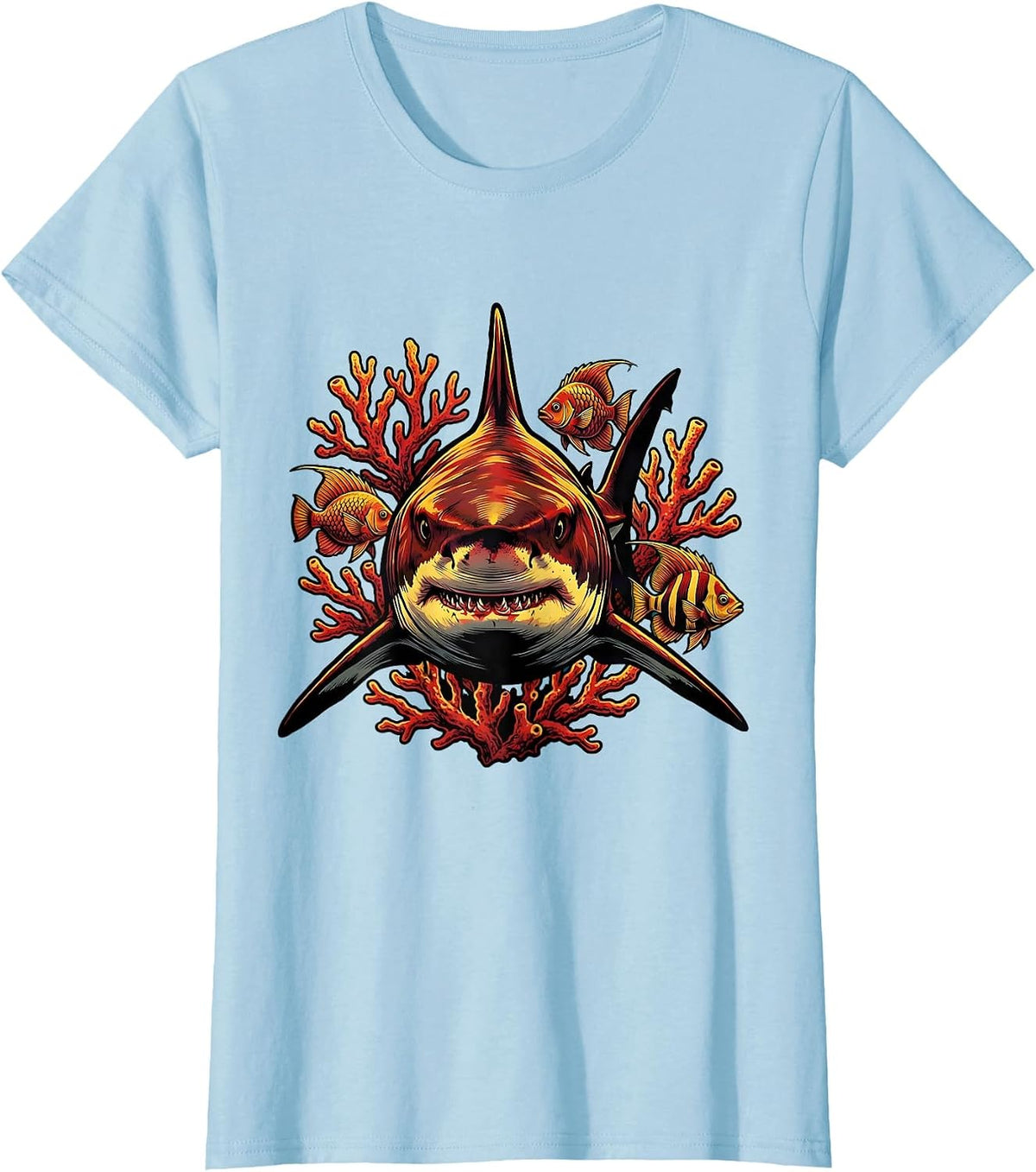 Women's Bull Shark Coral Reef Illustration T-Shirt - Baby Blue