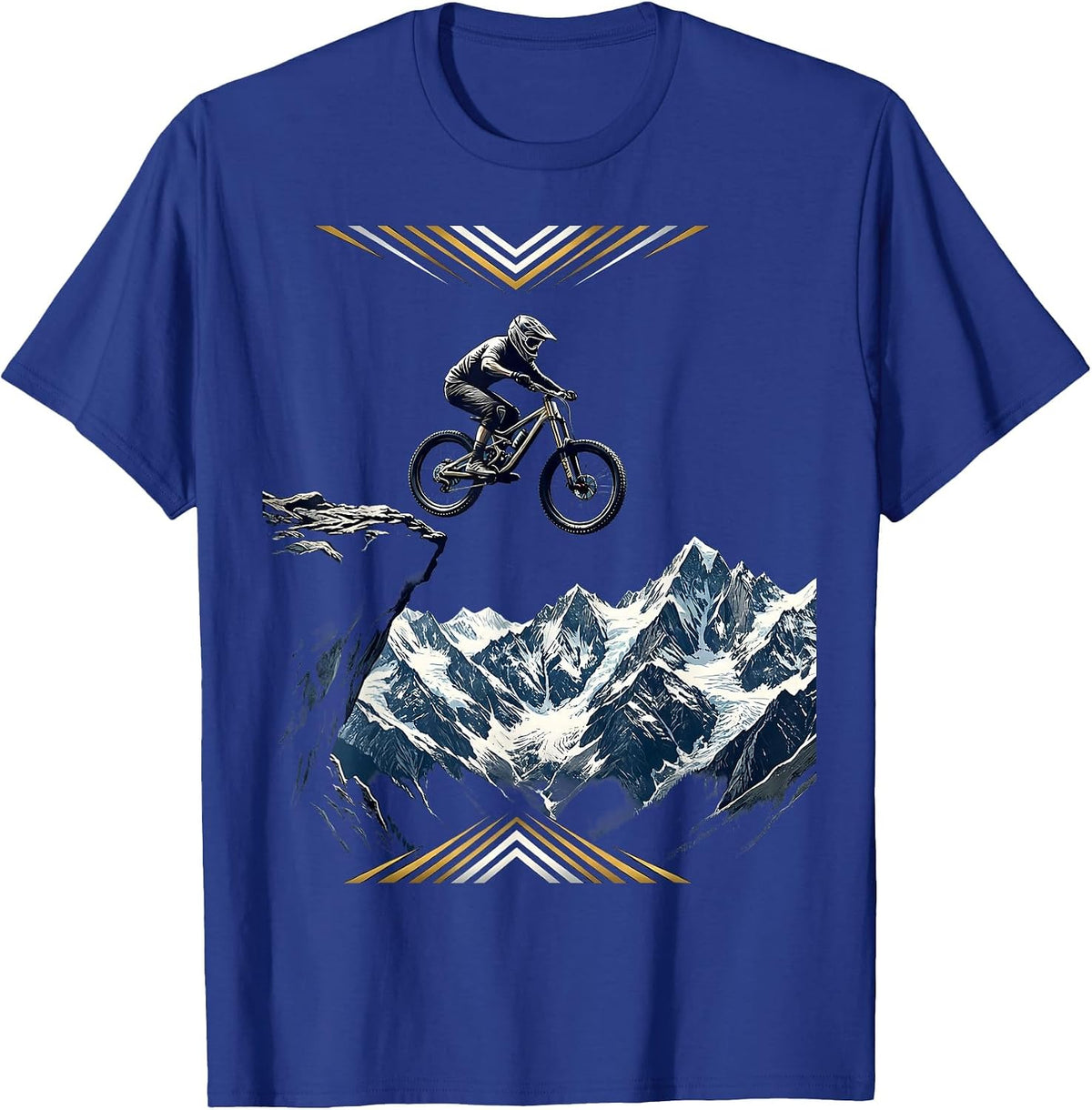 Mountain Biker Flying Over Snow-Capped Peaks T-Shirt - Royal Blue