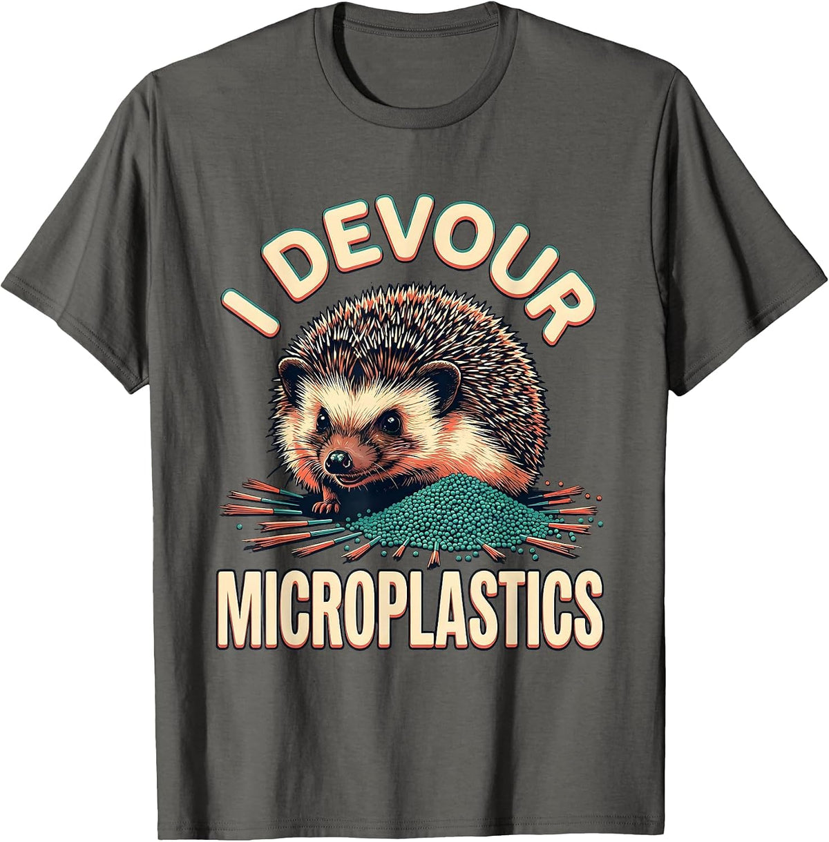 Men's I Devour Microplastics Funny Hedgehog Meme Absurdist Humor T-Shirt - Asphalt Grey